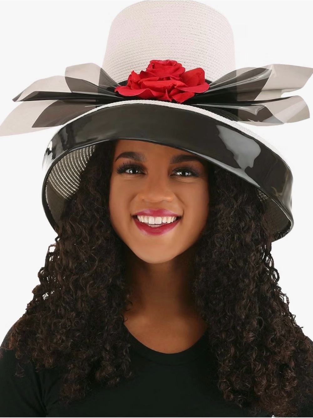 Clueless “Dee’s Hat”—White and Black Wide-Brim Hat with Red Flower